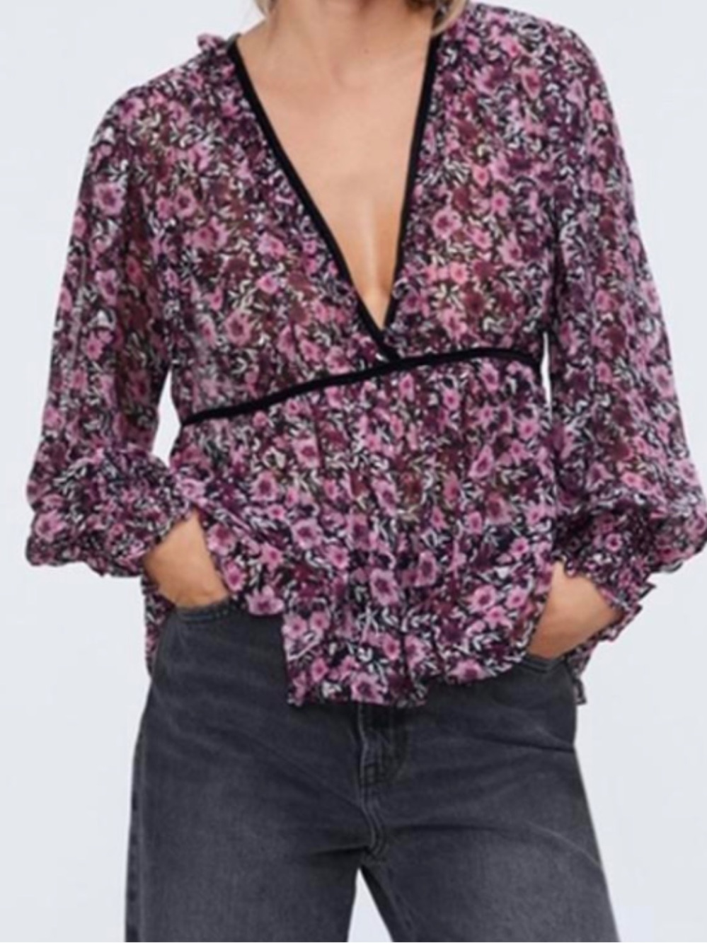 Mi Ami Whimsy Floral V-Neck Peasant Blouse with Black Trim Peplum